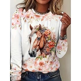 Femmes T-shirt Imprimé Fleuri Graphique Cheval ancien Élégant Classique manche longue Col ras du cou Hauts Réguliers Quotidien Rose Claire Printemps Automne Hi