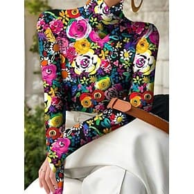 Women's Tunic Floral Graphic Plants Elegant Vintage Stylish Long Sleeve High Neck Asymmetric Neck Regular Tops Daily Black and White Fuchsia Orange Spring Fall