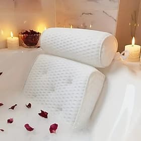 Non-Slip Bath Pillow Neck  Back Support – Spa-Grade 100% Polyester Foam Massage Cushion with Suction Cups, White Relaxing Bathroom Soaking Accessory
