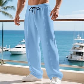 Men's Sweatpants Trousers Straight Leg Sweatpants Waffle Pants Drawstring Pocket Elastic Waist Plain Comfort Sports Outdoor Daily Fashion Casual Black White Mi