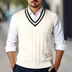 Herren Pullunder Kleid Pullover Pullover Weste Strickpullover Gerippt Zopfmuster Stricken Normale Oberteile Gestrickt Einfach V Ausschnitt Mode Lässig Urlaub A thumbnail 2