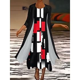Women's Dress Set Maxi Dress Shift Dress Summer Dress Casual Graphic Geometric Layered Print Maxi Dress 3/4 Length Sleeve Crew Neck Daily White Red Spring Fall