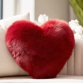 Valentine's Day Wine Red and Gray Heart-Shaped Pillow, Faux Fox Fur Decorative Cushion, Soft Fluffy Throw Pillow for Sofa, Chair, Bed, Living Room, Plush Home
