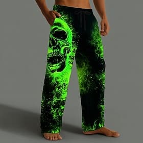 Men's Costumes Skulls Trousers Baggy Pants Casual Pants Mid Waist Dark Gothic Style Holiday Elastic Drawstring Waist Linen-Like Pants with Pockets Spring Fall