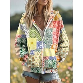 Damen 3D Druck Vintage Boho Hoodie Patchwork Hoodie Sweatshirt Floral Zip Up s Fashion Lässig Langarm Kapuzen Street Alltagskleidung Patchwork Reißverschlussta