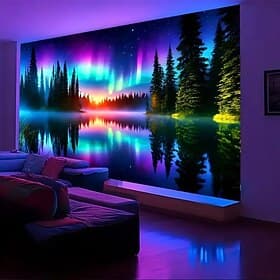 Wandteppich mit Aurora-Halo und Seereflexion im Hintergrund, 3D-Wandkunst für eine ruhige, moderne Atmosphäre, perfekt für Wohnzimmer, Büro oder Meditationsrau