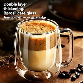 2PCS Double Wall Glass Coffee Mugs with Handle, Large Capacity Borosilicate Insulated Glass Cups, Heat Resistant Clear Glassware for Coffee, Tea, Latte, Cappuc