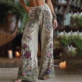Women's Wide Leg Pants Trousers Palazzo Pants Fashion Boho Full Length High Waist Flower Drawstring Elastic Waist Print Breathability Comfortable Street Daily