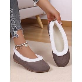 Women's Taupe Quilted Faux Fur Lined Flat Shoes – Warm Cozy Slip-On Winter Shoes for Daily Casual Outfits