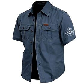 Men's Nautical Compass Work Shirt Western Shirt Cargo Shirt Short Sleeve Casual Tactical Sports Outdoor WorkWear Summer Spring Turndown Front Two Pockets Cotto