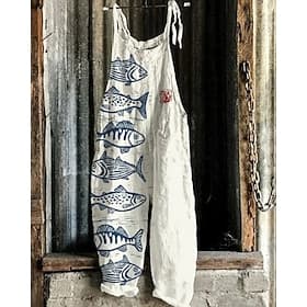 Women's Jumpsuit Vacation Vintage Ethnic Style Full Length Mid Waist Animal Fish Breathability Lightweight Soft Inelastic Casual Daily Causal Black White Navy