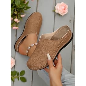 Women's Faux Leather Slip-On Mules – Breathable Lace-Patterned Comfort Clogs for Gardening, Housewear and Casual Outfits