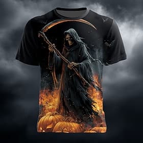 Men's Optical Illusion Grim Reaper Reaper T Shirt Short Sleeve T shirt 3D Print Crew Neck Shirt Exaggerated Designer Horror Party Street Holiday Blue Orange Su