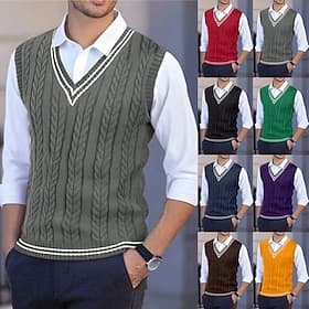 Men's Sweater Sweater Vest Pullover Sweater Jumper Cable Knit Regular Tops Knitted Slim Fit Solid Color V Neck Knitwear Contemporary Casual Daily Wear Clothing