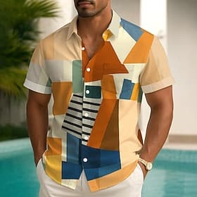 Men's Color Block Grid / Plaid Shirt Summer Shirt Button Up Shirt Short Sleeve Fashion Casual Outdoor Vacation Dailywear Summer Spring Turndown 3D Print Collar