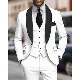 Men's Set Suits Wedding Party 3 Piece Spring Fall Polyester Solid / Plain Color Single Breasted Blazer Black White Burgundy Royal Blue