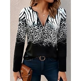 Femmes T-shirt Fermeture éclair Imprimé A Ombre Graphique Léopard Élégant ancien Classique manche longue Col en V Col rond Encolure en V Hauts Réguliers Quotid
