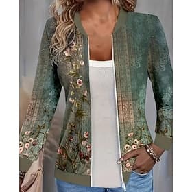 Women's Casual Jacket Comfortable Zipper Print Casual Flower Outdoor Street Holiday Daily Wear Zipper Regular Crewneck Regular Fit Long Sleeve Outerwear Green