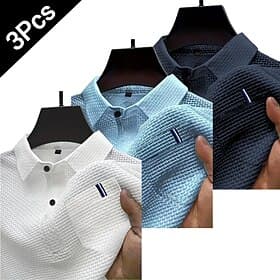 Paquetes múltiples 3 piezas Hombre Diseño Mangas cortas Blanco  Negro  Azul Polo de seda helada seersucker Polos con botones Camiseta de golf Jacquard Plano Va