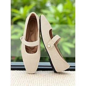 Women's Beige Knit Mary Jane Flats with Pearl Strap - Lightweight Breathable Casual Shoes for Daily Wear,Travel  and Office Outfits