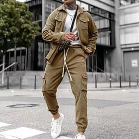 Herren Leichte Jacke Cargo-Jacke Freizeitjacke Set Urlaub Täglich Atmungsaktivität Tasche 2 teilig Frühling Herbst Einfach Mode Klassisch Revers Regulär Schwar