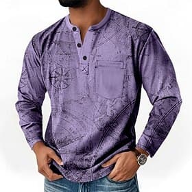 Men's Vintage Compass Henley Shirt T shirt Tee Long Sleeve Retro Vintage Casual Casual Spring Fall All Seasons Dark Red Blue Green Purple Henley Henley T-Shirt