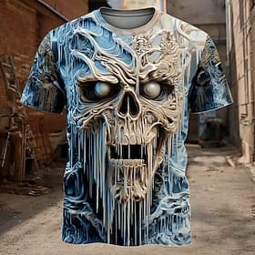 Men's Optical Illusion Cool Skulls 3D T Shirt Short Sleeve T shirt 3D Print Crew Neck Shirt Exaggerated Designer Horror Party Street Club Blue Purple Orange Su