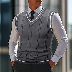 Men's Sweater Sweater Vest Pullover Sweater Jumper Vest Ribbed Knit Regular Tops Knitted Slim Fit Plain V Neck Knitwear Contemporary Casual Daily Wear Clothing thumbnail 2
