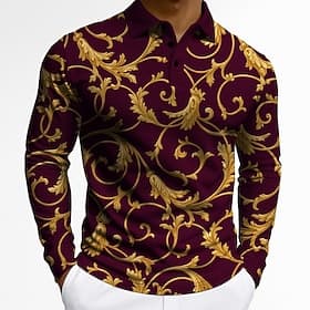 Men's Floral Polo Long Sleeve Polo Shirts Lapel Vintage Casual Athleisure Daily Wear 3D Print Buttons Spring Fall Winter Red