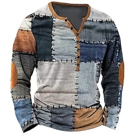 Men's Patchwork T Shirt Henley Shirt Tee Long Sleeve Vintage Designer Stylish Casual Daily Outdoor Spring  Summer All Seasons Purple Green Khaki Coffee Gray He