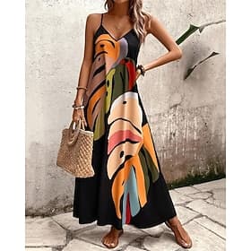 Femmes Robe Longue Maxi Robe Robe d'été Robe Nuisette Mode Moderne Quotidien Plage Week-end Coupe régulière Feuille Tropical Sans manches Col en V Noir Été Pri