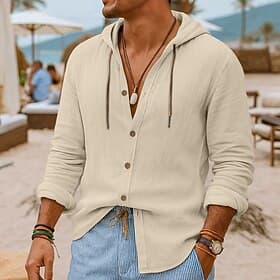 Men's Shirt Linen Shirt Beach Wear Button Up Shirt Hooded Shirt Plain Vacation Casual Black White Blue Green Long Sleeve Hooded Summer Spring Summer Clothing