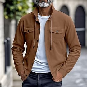 Men's Lightweight Jacket Corduroy Jacket Cargo Jacket Casual Jacket Vacation Daily Warm Pocket Fall Winter Plain Fashion Classic Lapel Regular Black Brown Ligh