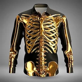 Men's Gold Skeleton Costumes Shirt Button Up Shirt Long Sleeve Dark Punk Gothic Style Outdoor Holiday Summer Spring Turndown 3D Print Collared Shirts Gold
