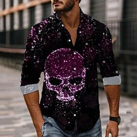 Men's Skull Sparkling Glitter Day of the Dead Shirt Button Up Shirt Long Sleeve Dark Gothic Style Holiday Spring Fall Turndown 3D Print Collared Shirts Front O
