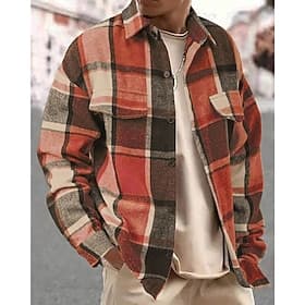Men's Shirt Jacket Casual Jacket Vacation Daily Thermal Warm Pocket Spring Fall Plaid Fashion Classic Lapel Regular Dark Gray Yellow Orange Light Grey Rose Jac