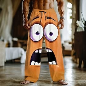 Men's 3D Cartoon Smile Face Trousers Casual Pants Baggy Pants Mid Waist Funny Home Outdoor Vacation Elastic Drawstring Waist Linen-Like Pants with Pockets Spri