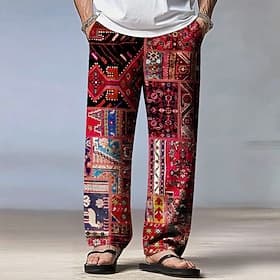 Men's Geometric Ethnic Indian Culture Pants Trousers Casual Pants Mid Waist Drawstring Elastic Waist Bohemian Vintage Retro Outdoor Vacation Straight Leg Trous