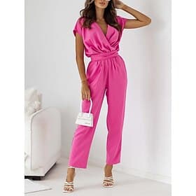 Women's Normal Jumpsuit Active Solid Color Short Sleeve V Neck High Waist Street Daily Regular Fit Black White Fuchsia Summer