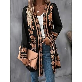 Women's Winter Coat Trench Coat Lightweight Comfortable Print Open Front Vintage Fashion Casual Floral Vacation Casual Long Collarless Regular Fit Long Sleeve