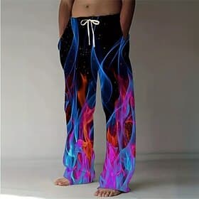 Men's Optical Illusion Flame Trousers Casual Pants Baggy Pants Mid Waist Fashion Casual Outdoor Vacation Elastic Drawstring Waist Linen-Like Pants with Pockets
