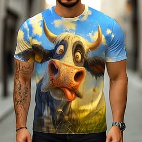 Men's Animal Cow 3D T Shirt Short Sleeve T shirt 3D Print Crew Neck Shirt Exaggerated Designer Party Holiday Blue Summer Spring Clothing Apparel S M L XL XXL X