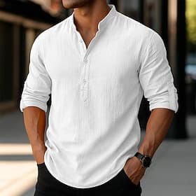 Men's Linen Shirt Popover Shirt Casual Shirt Beach Shirt Band Collar Shirt Plain Beach Vacation Black White Pink Orange Long Sleeve Henley Spring Summer Cloth