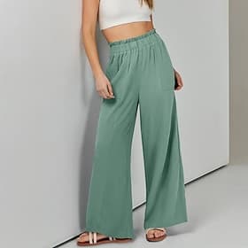 Women's Wide Leg Slacks Streetwear Casual Full Length Natural Plain Pocket Elastic Waist Comfortable Street Holiday Daily Wear Blue Mint Green Brown Army Green