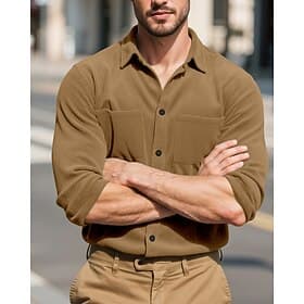 Men's Shirt Summer Shirt Casual Shirt Corduroy Shirt Button Up Shirt Black Navy Blue Camel Army Green Gray Long Sleeve Plain Lapel Vacation Hawaiian Pocket Clo