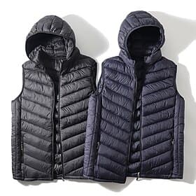 Men's Puffer Vest Vest Gilet Vacation Daily Date Fashion Casual Fall  Winter Pocket Polyester Warm Comfortable Solid Color Zipper Hooded Regular Fit Black Navy
