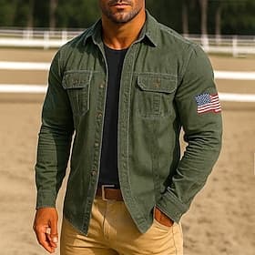 Men's American US Flag Work Shirt Western Shirt Cargo Shirt Long Sleeve Casual Tactical Sports Outdoor WorkWear Spring Fall Turndown Front Two Pockets Button U