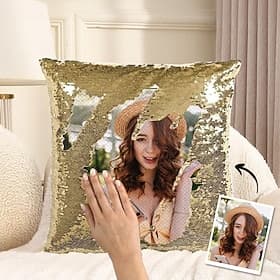 Custom Photo Magic Sequin Pillow for Women Personalized Reversible Throw Pillowcase with Your Picture Unique Gift for Her Birthday or Valentines Day