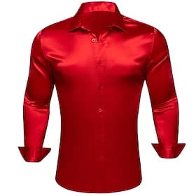 Men's Shirt Silk Like Satin Shirt Dress Shirt Casual Shirt Button Up Shirt Plain Streetwear Wedding Red Long Sleeve Lapel Spring   Fall All Seasons Clothing Ap