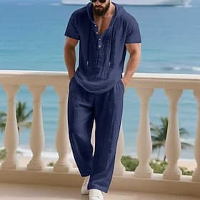 Men's T-shirt Suits Shirt and Pant Sets 2 Pieces Outfits Short Sleeve Hooded Summer Spring Plain Fashion Casual Drawstring 2 Piece Buttons Vacation Daily Wear